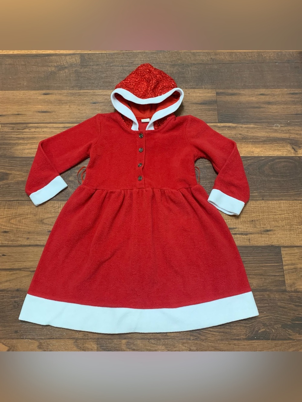 Lilax Christmas santa dress Hood sz 7 Red white Fleece Button NO BELT Holiday